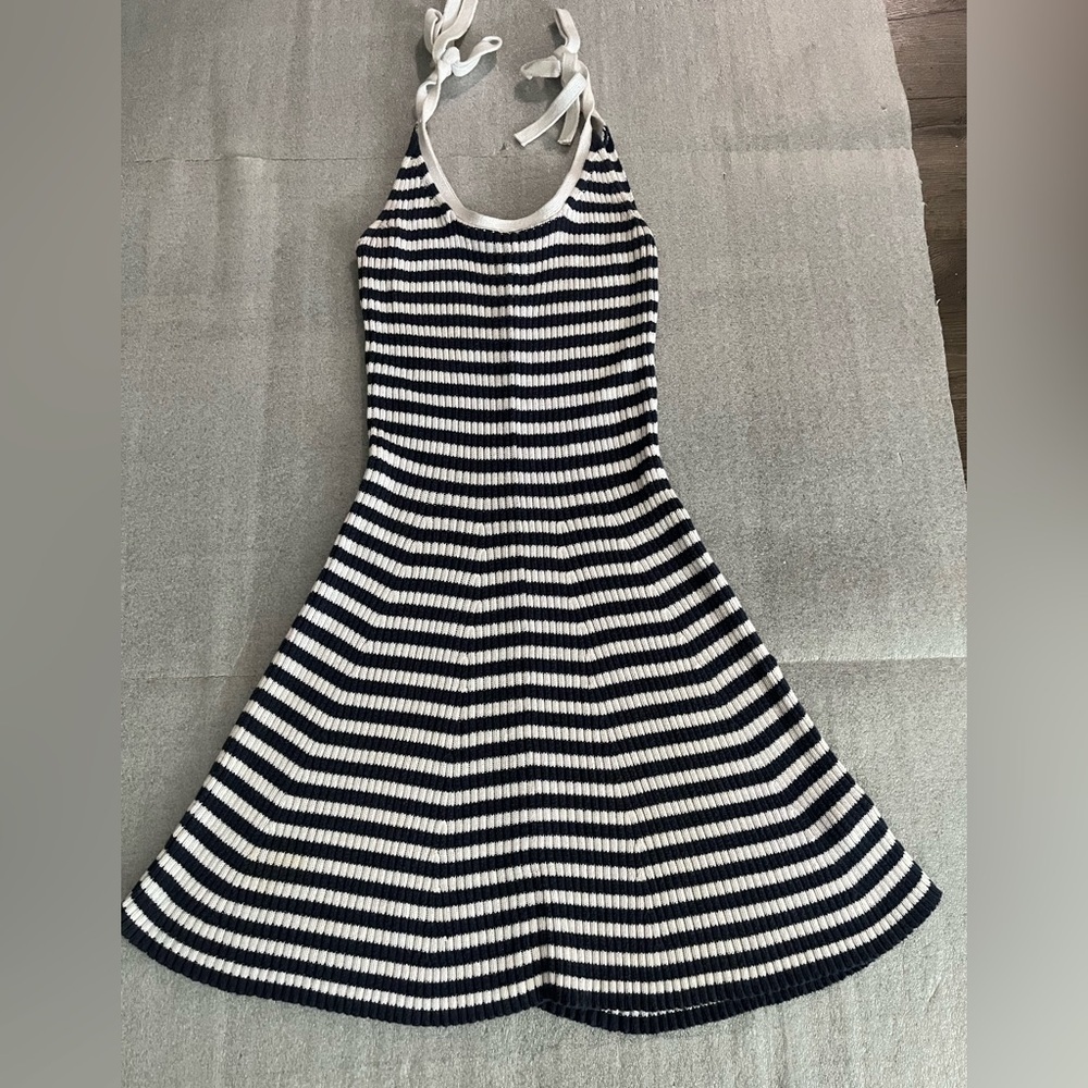 [S]Aerie Navy and White Striped Fit and Flare Nautical Knit Cotton Dress CHN